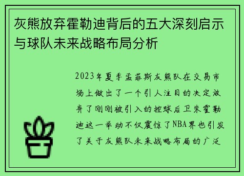 灰熊放弃霍勒迪背后的五大深刻启示与球队未来战略布局分析