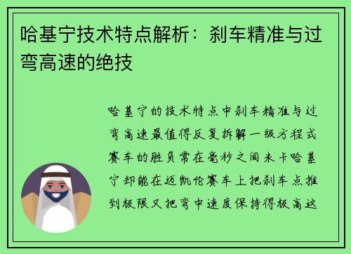 哈基宁技术特点解析:刹车精准与过弯高速的绝技 哈基宁技术特点解析:刹车精准与过弯高速的绝技